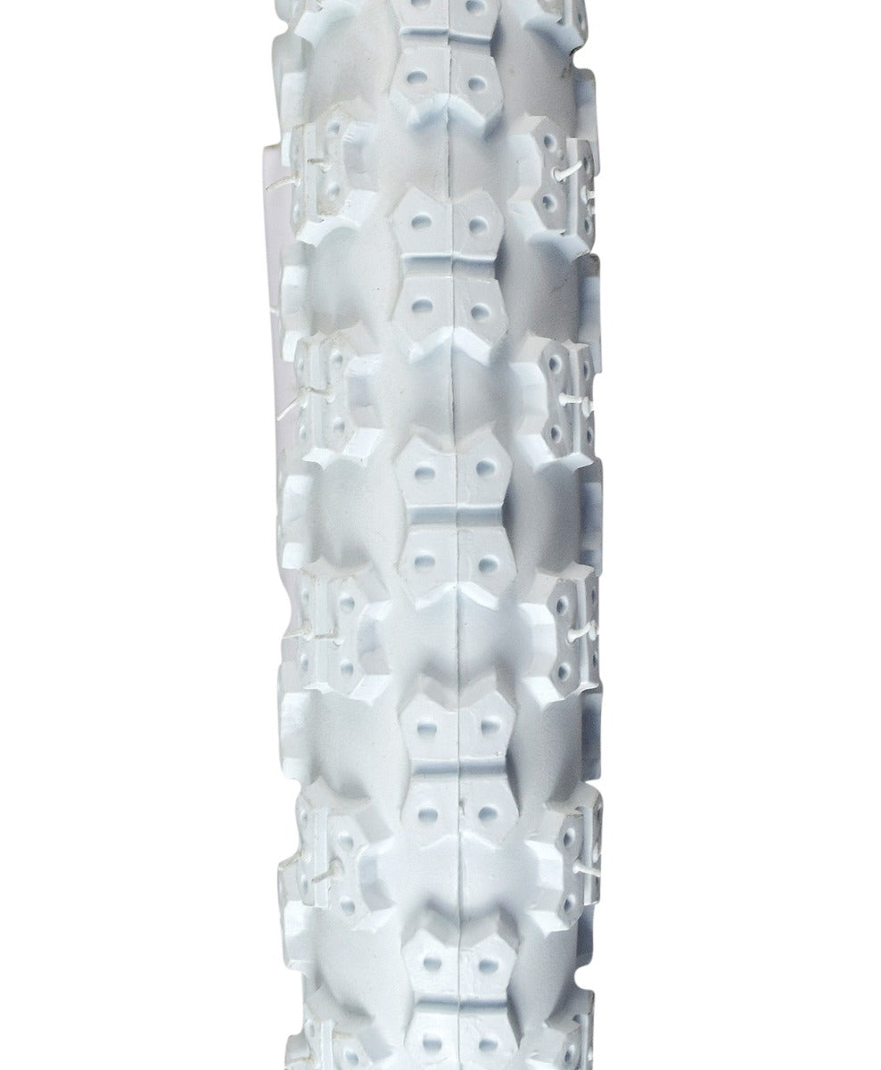 Close-up of the 14x2.125 White MX3 Bicycle Tire from Sunlite, showcasing its unique design with holes. Ideal for replacing old bike tires.