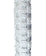 Close-up of the 14x2.125 White MX3 Bicycle Tire from Sunlite, showcasing its unique design with holes. Ideal for replacing old bike tires.