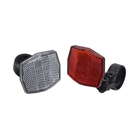 Front & Rear Reflector Kit for bikes and scooters, featuring a set of bicycle reflectors with close-up views highlighting their reflective surfaces. Ideal for enhancing visibility and safety.