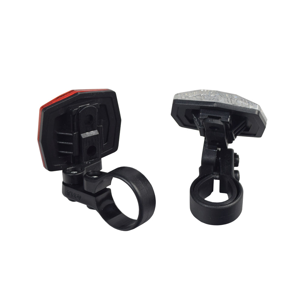 Front & Rear Reflector Kit includes a black bike light with a red reflector and a black plastic clip, ideal for bikes or scooters, enhancing safety and visibility.