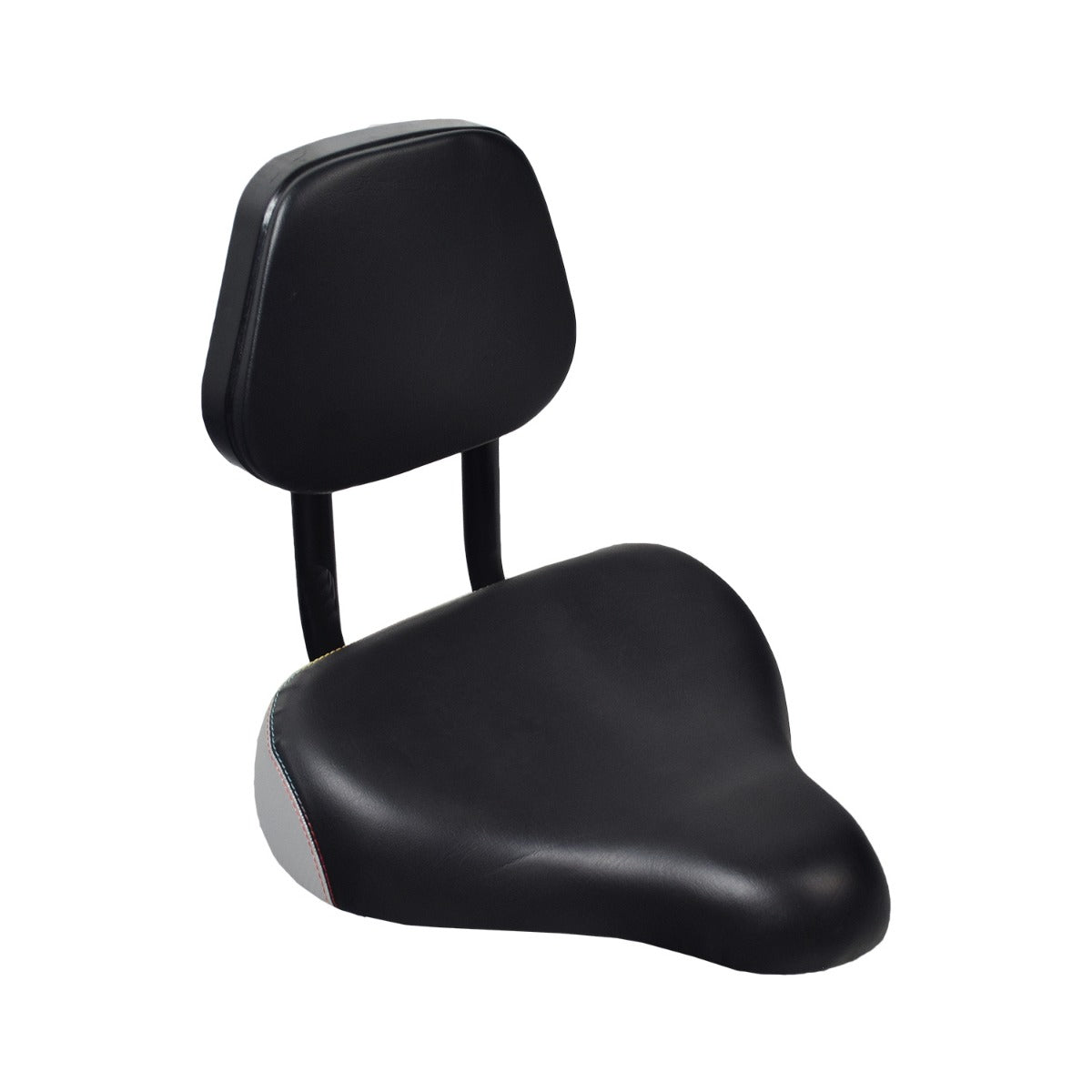 Backrest Saddle Seat for Bikes & Scooters (Blemished) featuring a black seat with an integrated adjustable backrest and metal handles, designed for comfort on standard 7/8 seat posts.