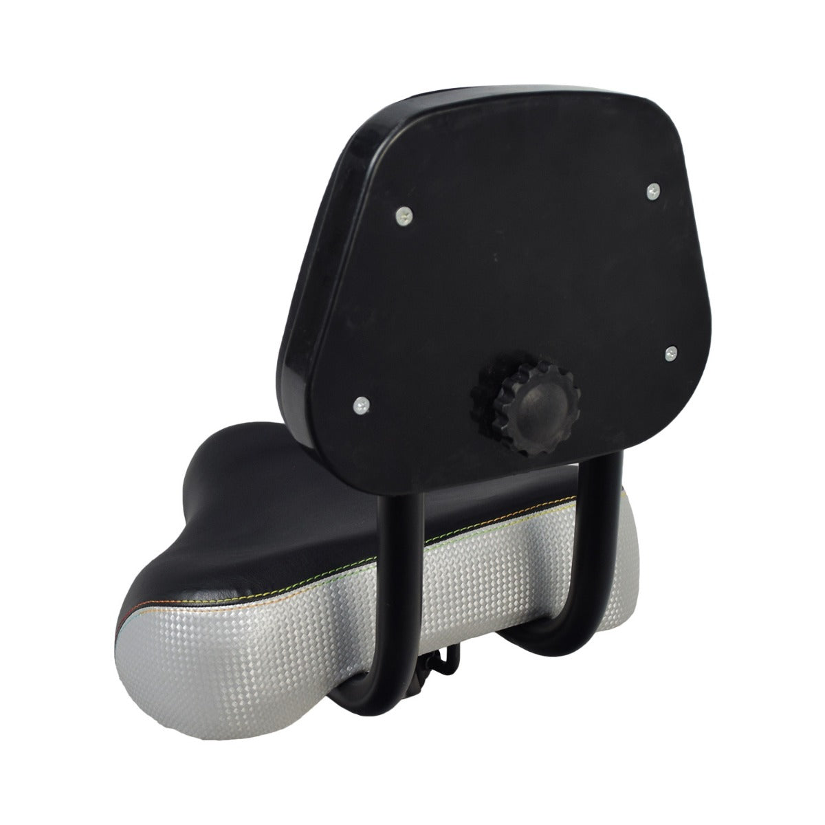 Backrest Saddle Seat for Bikes & Scooters featuring a black and silver design, adjustable backrest, and compatibility with standard 7/8 seat posts for enhanced comfort on various bike models.