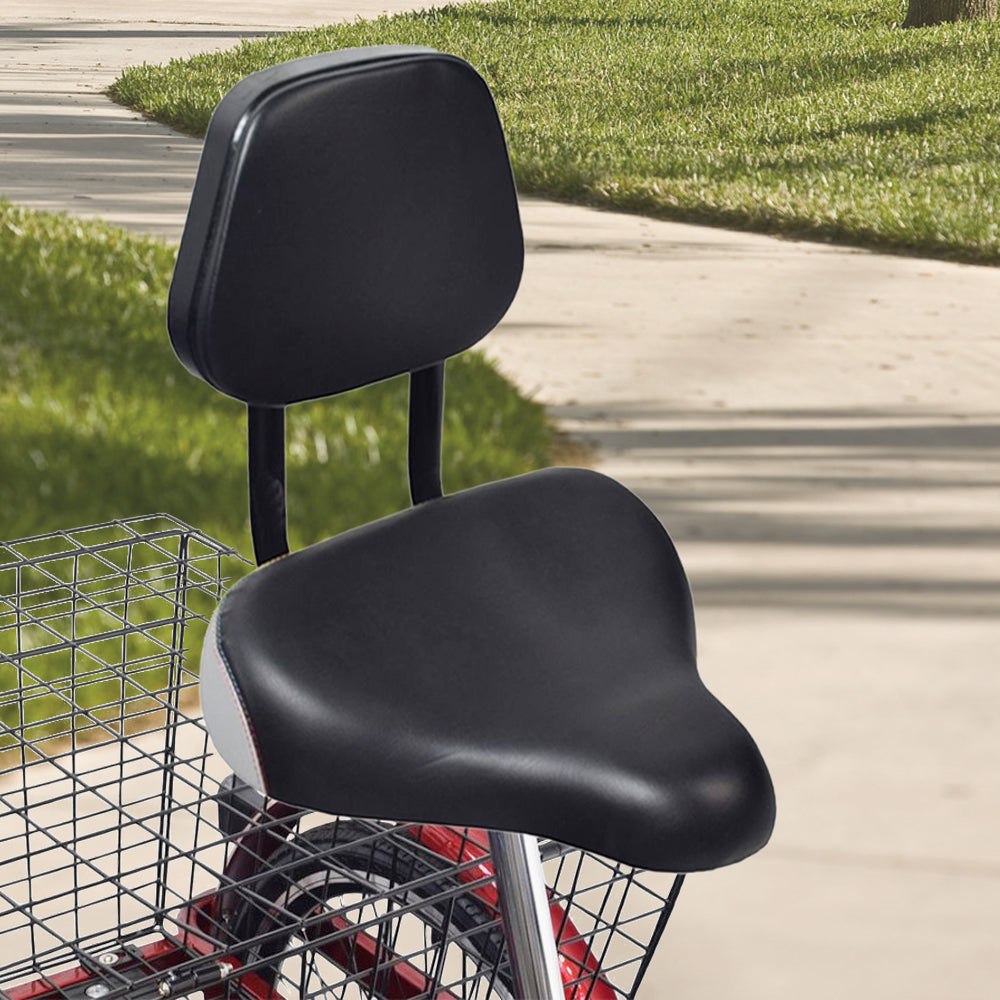 Backrest Saddle Seat for Bikes & Scooters with an adjustable backrest and rear basket, designed for comfort and compatibility with standard 7/8 seat posts on various bike models.