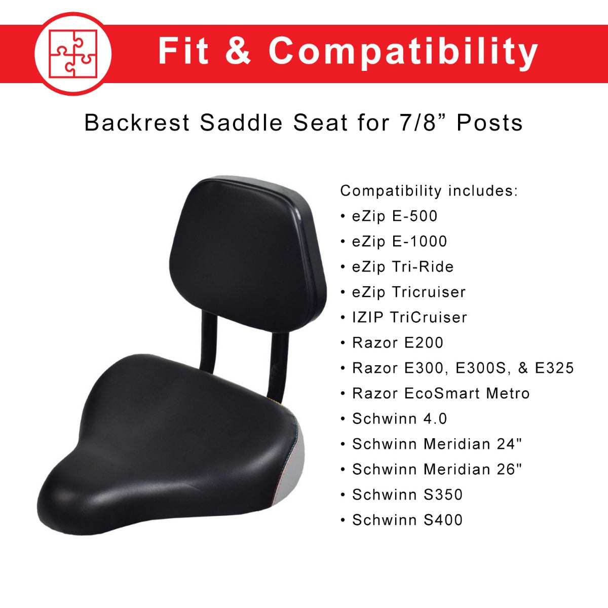 Backrest Saddle Seat for Bikes & Scooters featuring a black seat with an adjustable black backrest, designed for enhanced comfort on various adult trikes and scooters with standard 7/8 seat posts.