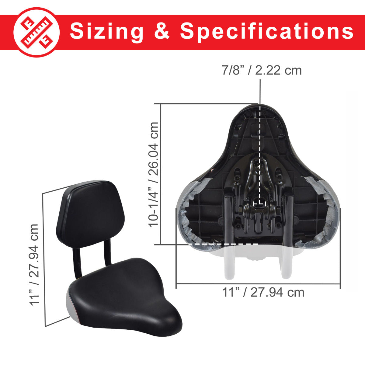 Backrest Saddle Seat for Bikes & Scooters featuring an integrated adjustable backrest for enhanced comfort, suitable for adult trikes and bikes with a standard 7/8 seat post.