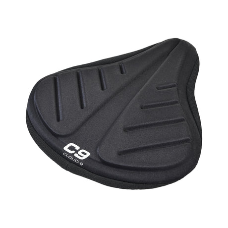 Gel Seat Cover for Cruiser/Exerciser Style Seats (Cloud-9) - A black bicycle seat cover featuring white text, designed for comfort with gel padding, suitable for various scooters and bicycles.