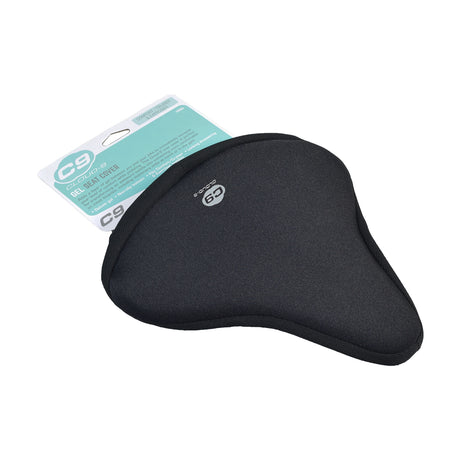 Deluxe Gel Seat Cover for Cruiser/Exerciser Style Seats by Cloud-9, showcasing a padded, black design with close-up views highlighting its texture and logo details, ideal for bikes and scooters.