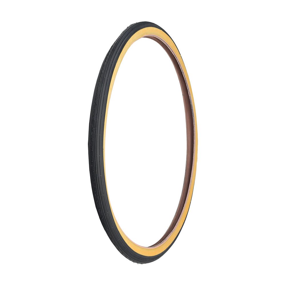 24x1-3/8 Black/Gum Road Bicycle Tire by Sunlite, showcasing a durable, round design with a yellow sidewall. Ideal for replacing old tires on 24x1-3/8 rims.