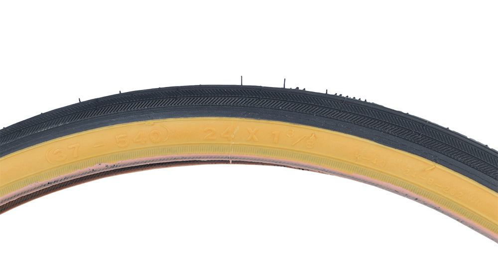 Close-up of a 24x1-3/8 Black/Gum Road Bicycle Tire from Sunlite, showcasing the tread and sidewall details.