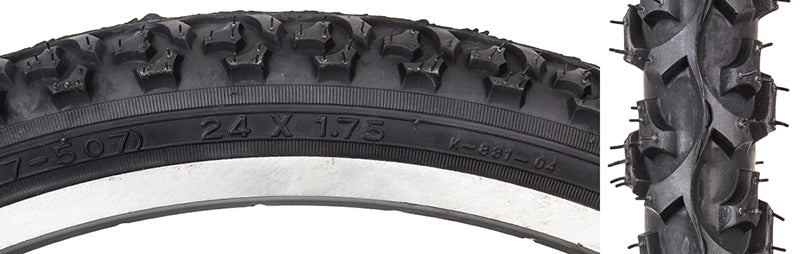 Close-up of a 24x1.75 Black MTB Alpha Bite Bicycle Tire from Sunlite, highlighting the detailed black tread pattern and robust build.