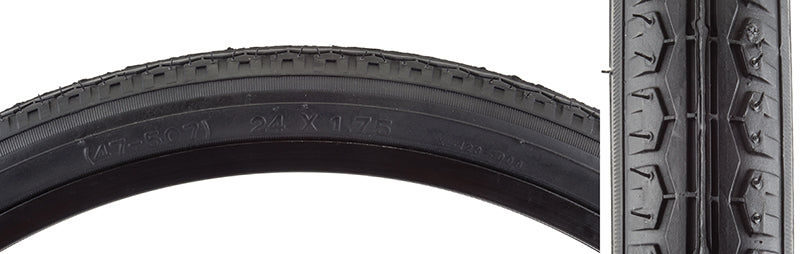 Close-up of the 24x1.75 Street K123 Bicycle Tire from Sunlite, displaying its tread and rubber texture, ideal for replacing worn-out bike tires.