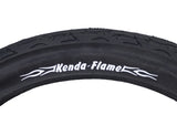 24x3 Black Cruiser Flame Bicycle Tire with K1008A Tread, featuring a beveled diamond-shaped tread pattern for enhanced traction. The white text on the tire showcases Kenda branding.