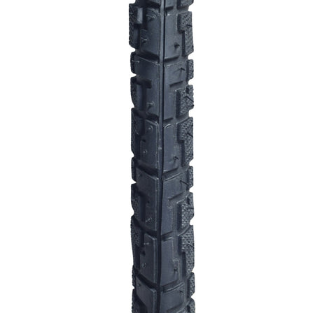 Close-up of a 26x1-3/8 Black/Gum Hybrid Nimbus Bicycle Tire from Sunlite, highlighting the detailed tread and synthetic rubber construction, ideal for replacing old bicycle tires.