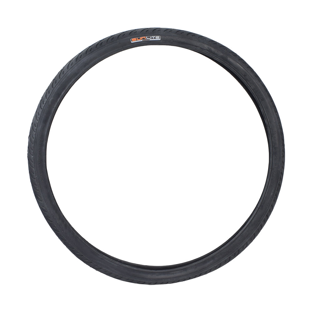 26x1.5 Black Flat Shield MTN Bicycle Tire from Sunlite, shown as a close-up of the tire's tread and circular form, ideal for replacing old bike tires.