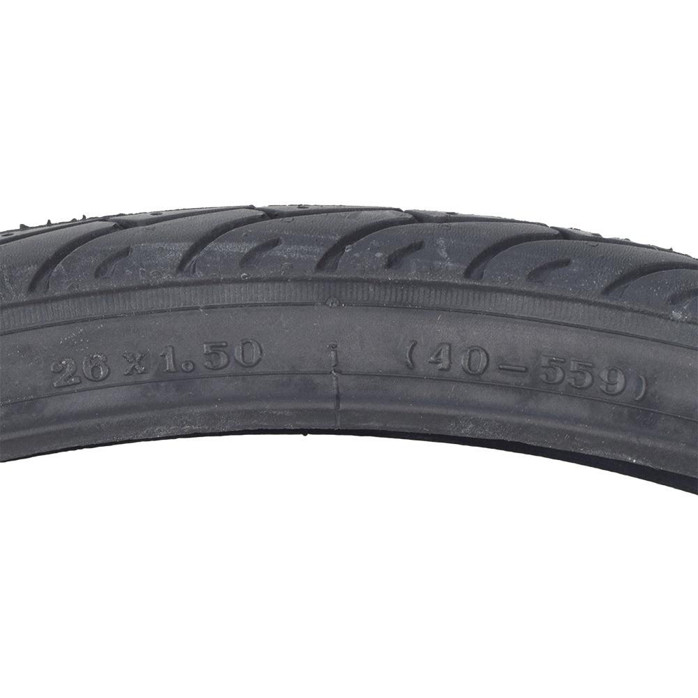 26x1.5 Black Flat Shield MTN Bicycle Tire from Sunlite, featuring a detailed tread pattern for mountain biking. This close-up highlights the robust rubber material and precise craftsmanship.