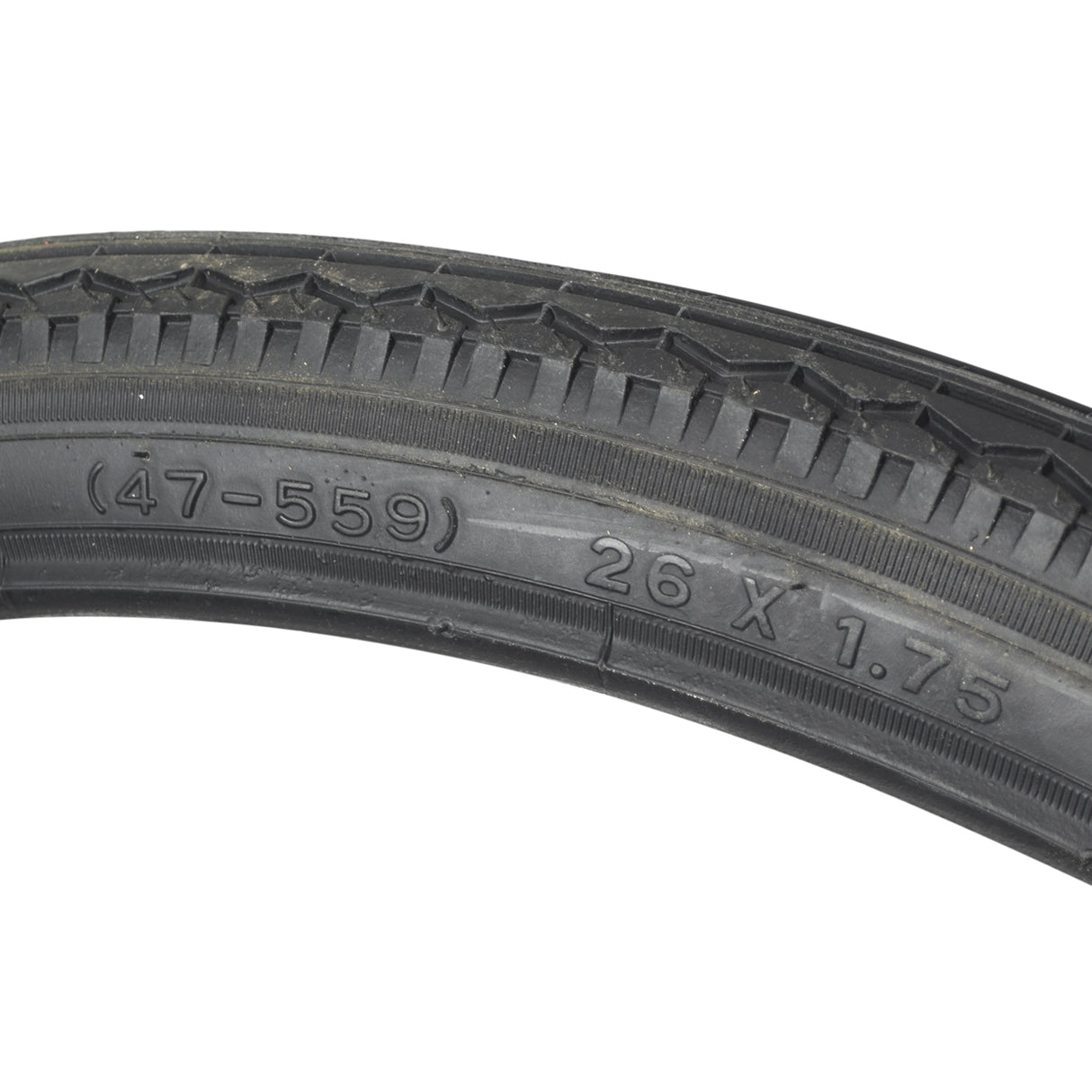 Close-up of the 26x1.75 Black Street K123 Bicycle Tire by Sunlite, showcasing the intricate tread pattern and durable rubber material, ideal for street biking.