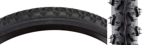 Close-up of a 26x1.95 Black MTB Alpha Bite bicycle tire by Sunlite, showcasing its tread pattern and spikes designed for mountain biking.