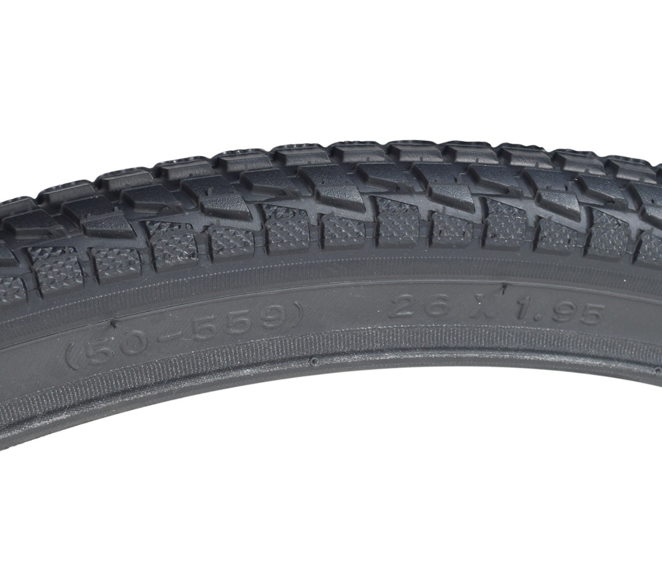 Close-up of a 26x1.95 Black Komfort Bicycle Tire with K841 Tread, showcasing its detailed tread pattern and rubber texture, ideal for adult trikes needing better traction on grass.