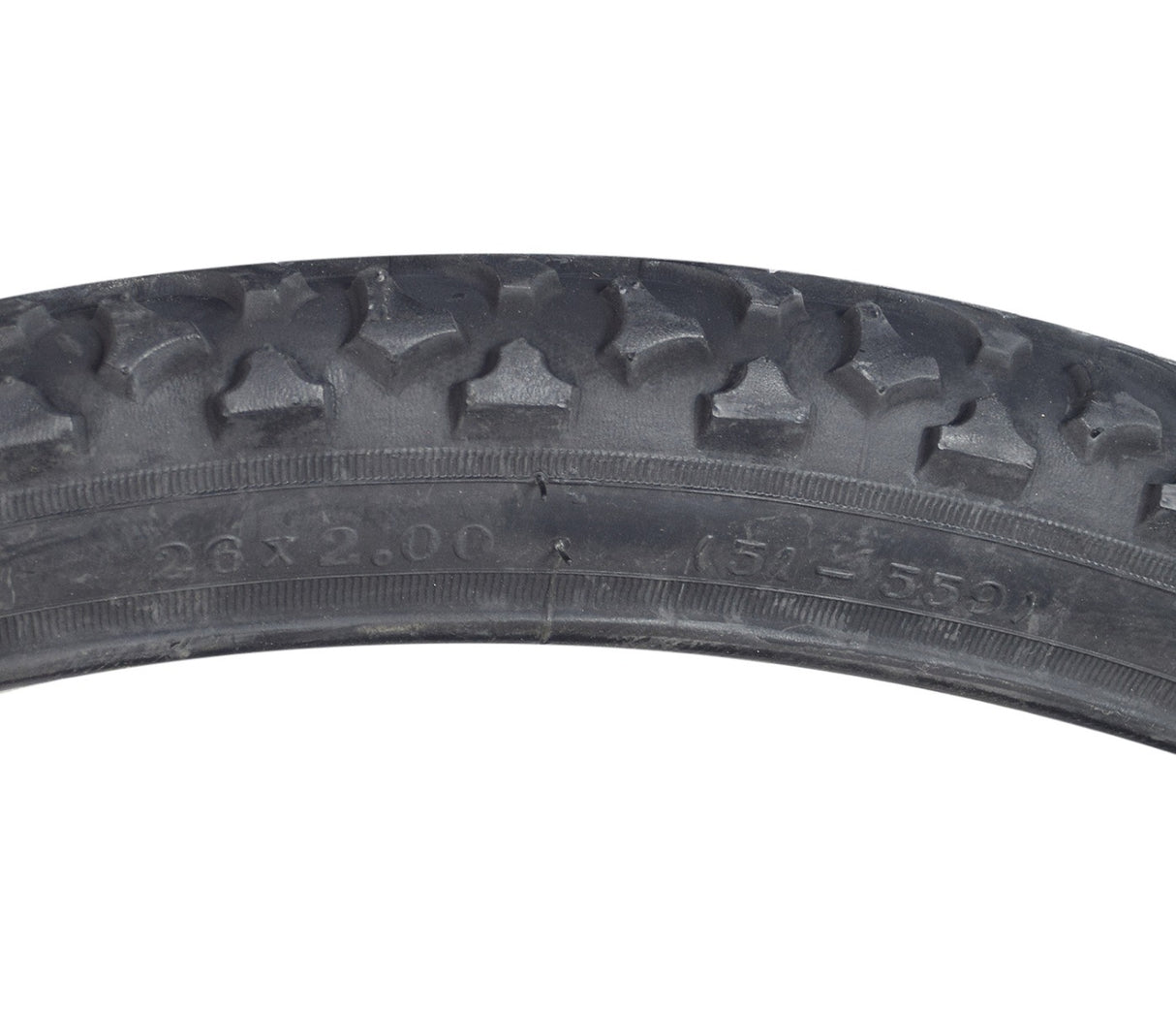 26x2 Black MTB Alpha Bite Bicycle Tire from Sunlite, close-up view highlighting the tread pattern, perfect for replacing old bike tires.