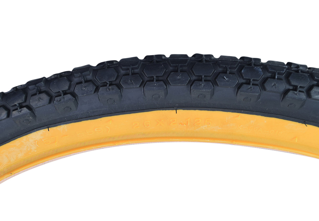 Close-up of a 26x2.125 Cruiser 80 Bicycle Tire from Sunlite, showcasing thick treads and durable synthetic rubber, ideal for replacing old bike tires.