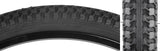 26x2.125 Black MTB Raised Center Bicycle Tire featuring a detailed tread pattern, ideal for mountain biking, shown in a close-up view.