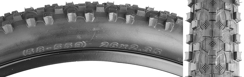 Close-up of the 26x2.35 Black ATB 1027 Bicycle Tire from Sunlite, showcasing its detailed treads and robust design.