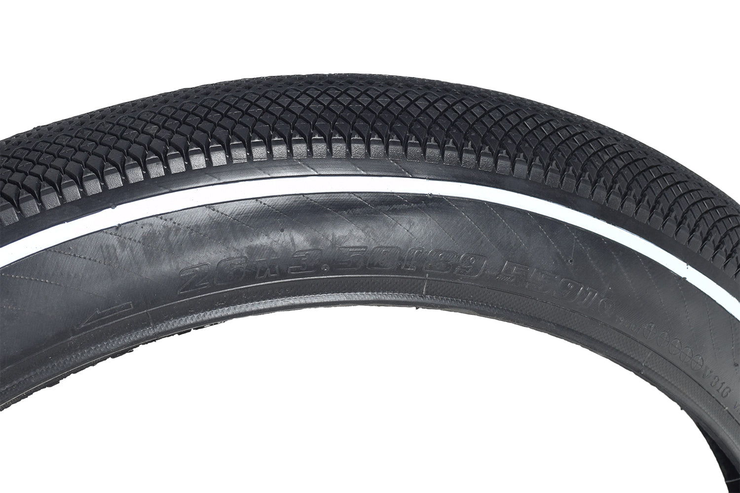 26x3.5 Black Crusher Bicycle Tire by Sunlite, featuring a close-up view of the tire's tread and white stripe, ideal for replacing worn-out fat bike tires.