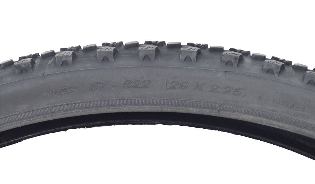 Close-up of a 29x2.25 Black Crusader CST1435 Bicycle Tire, showcasing detailed tread pattern and robust design, highlighting its suitability as a high-quality replacement tire for bikes.