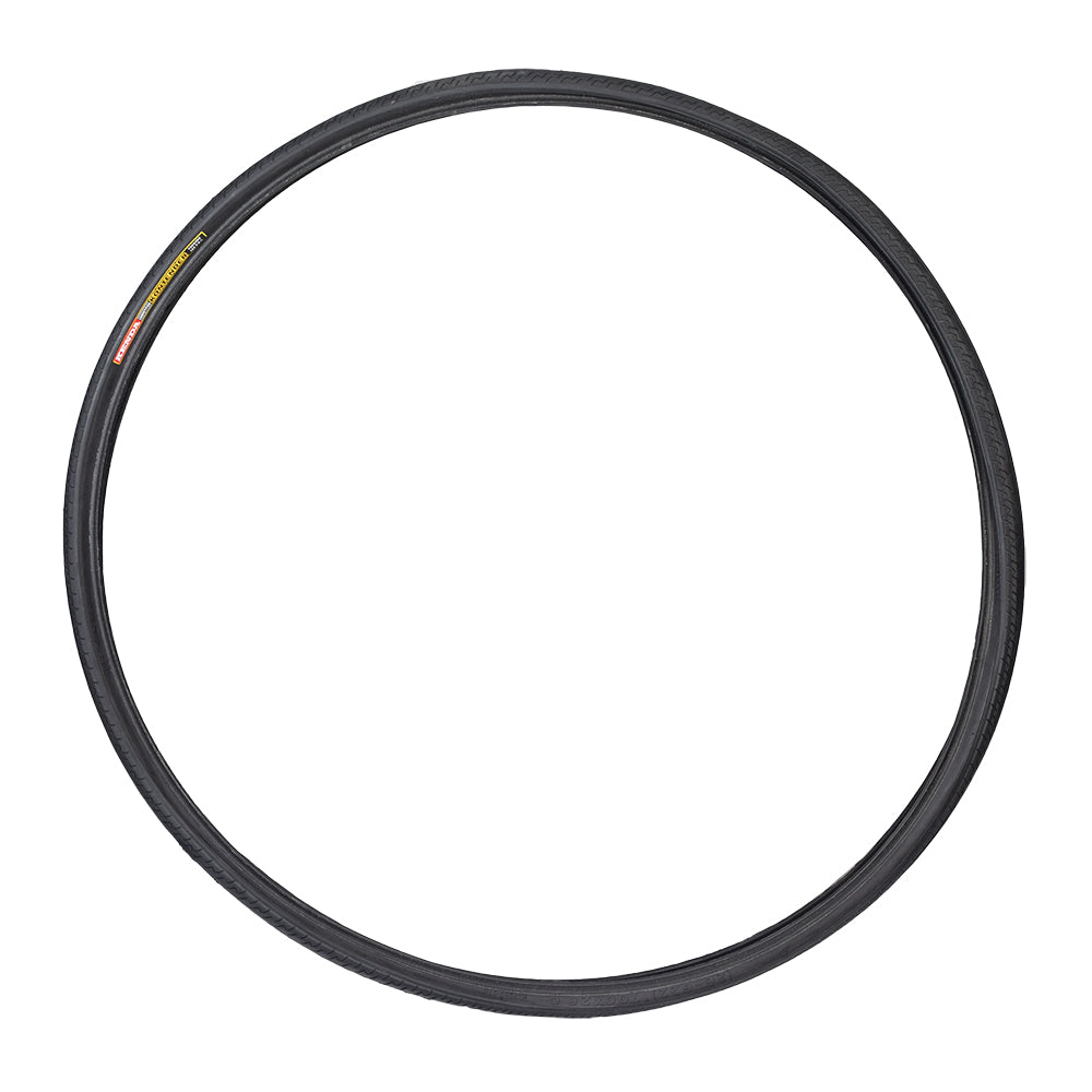 700x26 Black Kenda Kontender Road Bicycle Tire with K196 Tread, showcasing a smooth, circular design ideal for serious road riding, supporting up to 125 PSI for optimal performance.