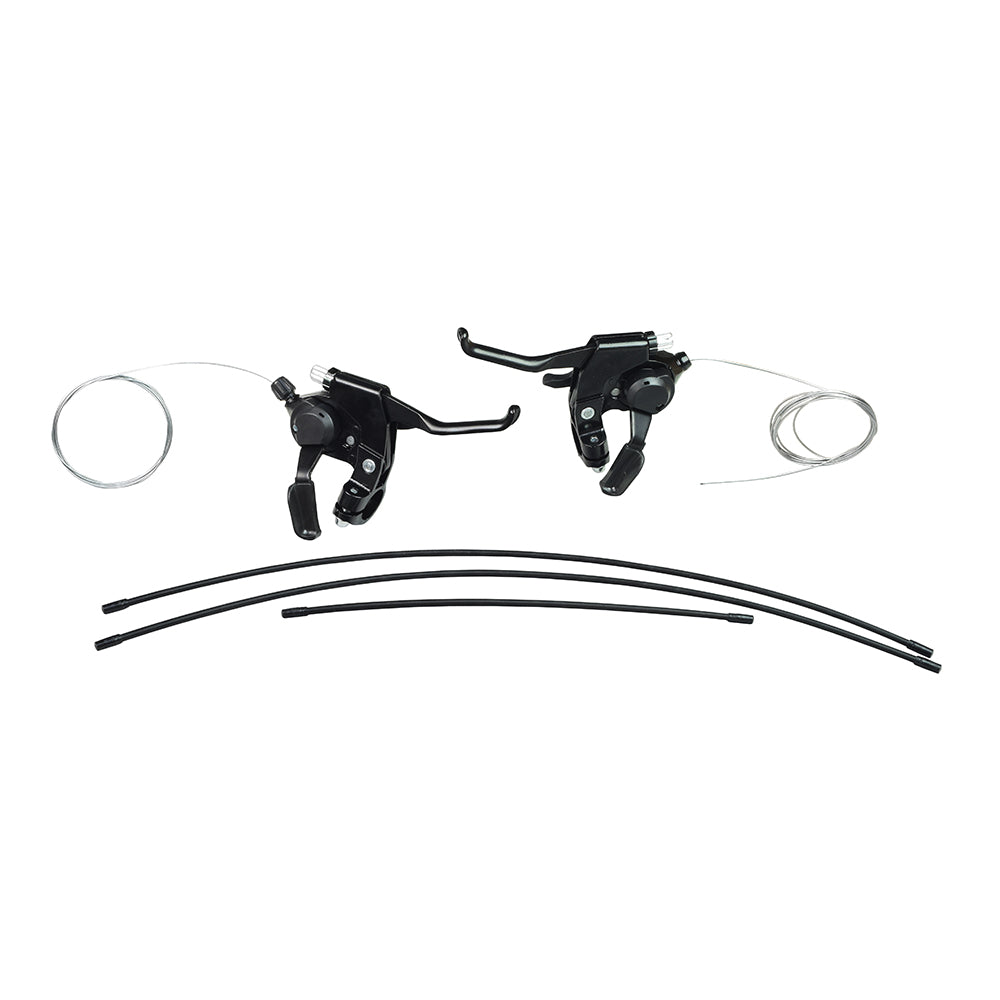 Shifter Pair with V-Brake Levers for 3x7 Shimano Gears, featuring close-up views of black bicycle brake levers and wires, ideal for various scooters and bicycles.