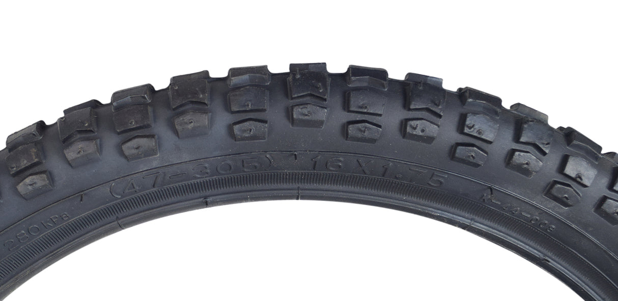 16x1.75 Black MX Bicycle Tire from Sunlite, showcasing a close-up view of the robust tire tread design, ideal for replacing old bike tires.