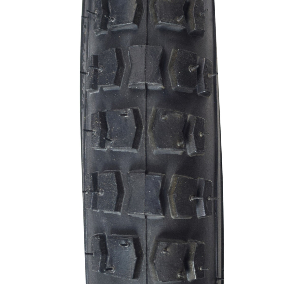 Close-up view of the 16x1.75 Black MX Bicycle Tire, showcasing the detailed tread pattern and robust build. Ideal for replacing old bike tires with Sunlite's popular and reliable model.