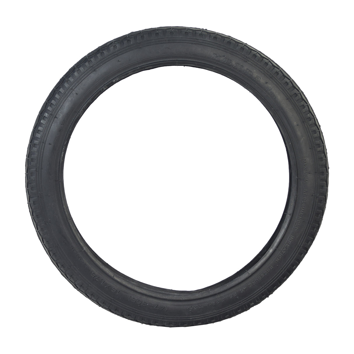 16x1.75 Black Street Bicycle Tire by Sunlite, shown in a circular shape. Ideal for replacing old bike tires, it can be purchased with or without a matching inner tube.