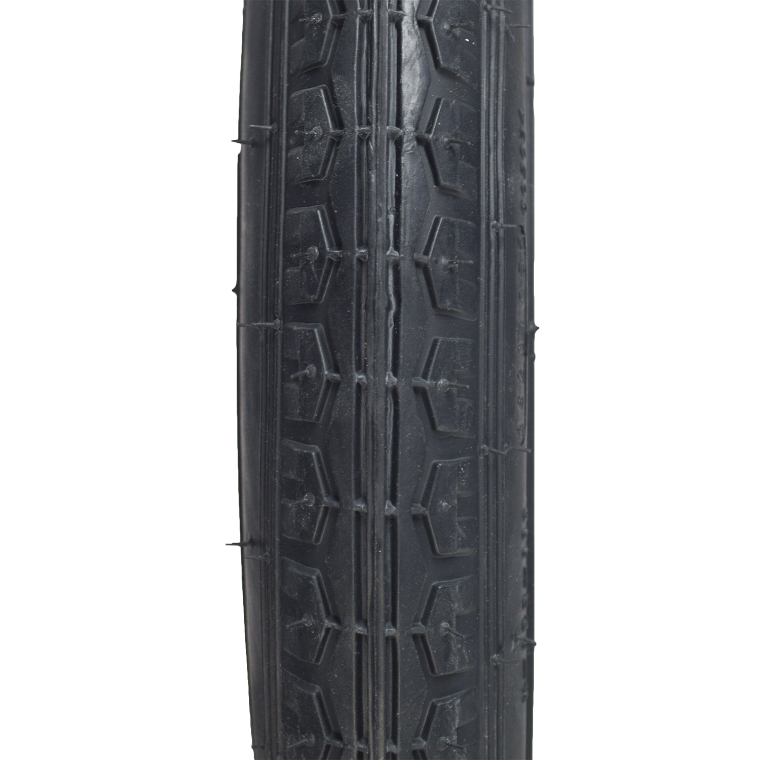 16x1.75 Black Street Bicycle Tire from Sunlite, showcasing detailed tread pattern, designed for street use. Ideal for replacing old bike tires, available with optional inner tubes featuring straight valve stems.