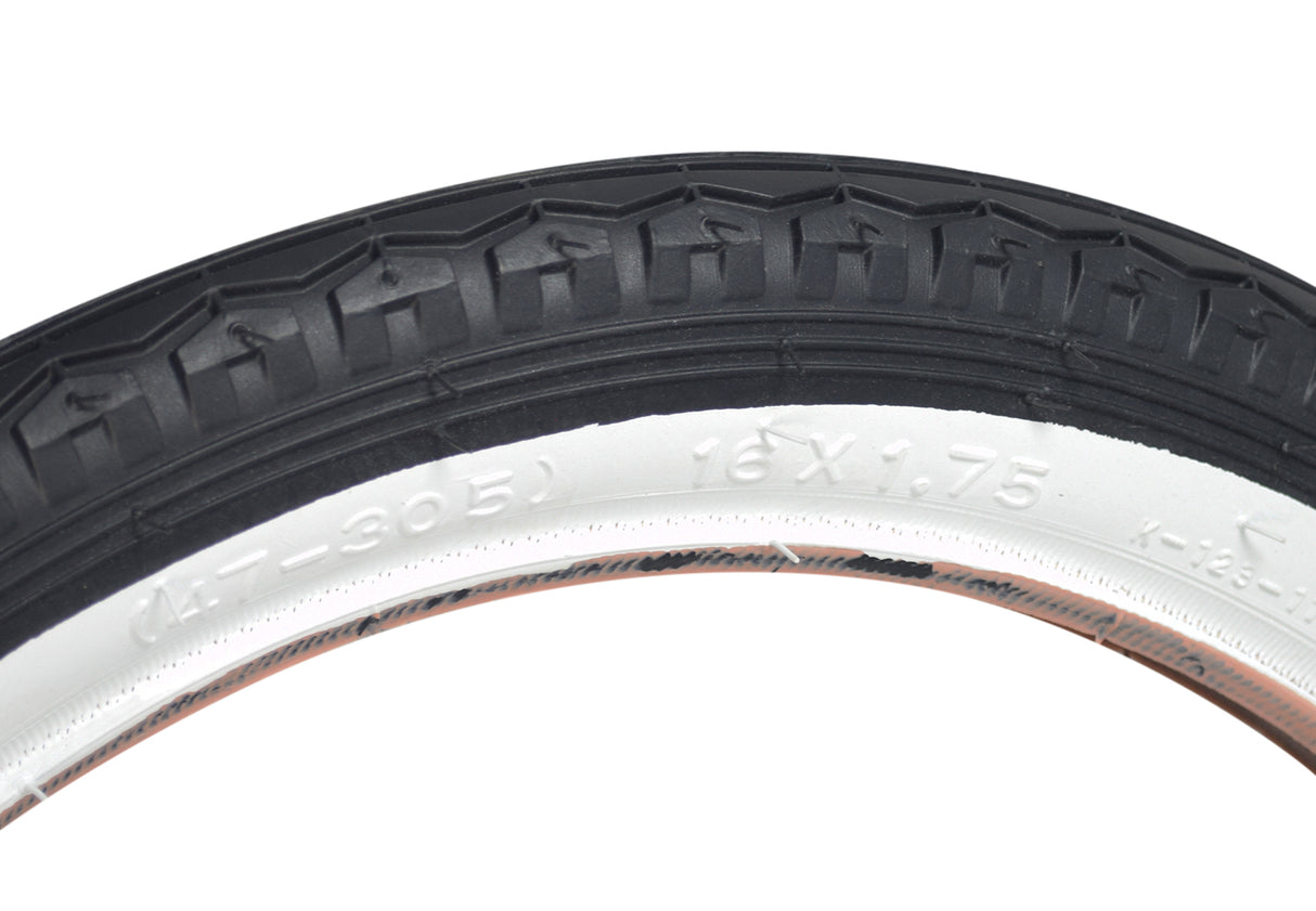 Close-up of the 16x1.75 Black/White Street Bicycle Tire from Sunlite, highlighting the detailed tread pattern and durable rubber construction, ideal for bike replacements.