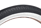 Close-up of the 16x1.75 Black/White Street Bicycle Tire from Sunlite, highlighting the detailed tread pattern and durable rubber construction, ideal for bike replacements.