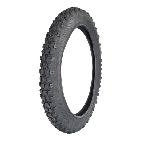 16x2.125 Bicycle Tire with C93 Knobby Tread, featuring small, pronounced tread patterns ideal for rugged terrain. The tire is shown close-up, highlighting its durable synthetic rubber construction and detailed tread design.