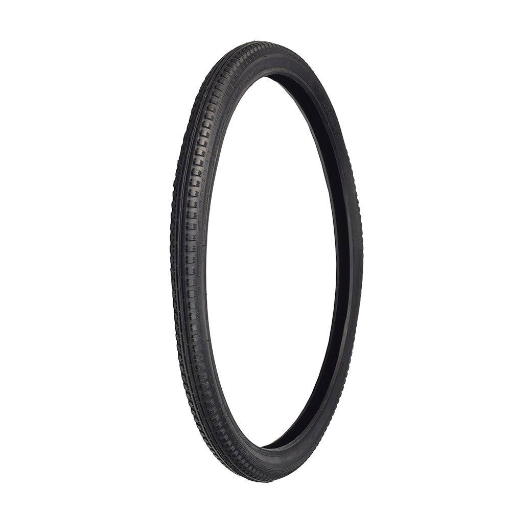 20x1-3/8 Black Street Bicycle Tire with K143 Tread, showcasing a shallow, grooved design suitable for urban and recreational riding conditions, displayed against a plain white background.