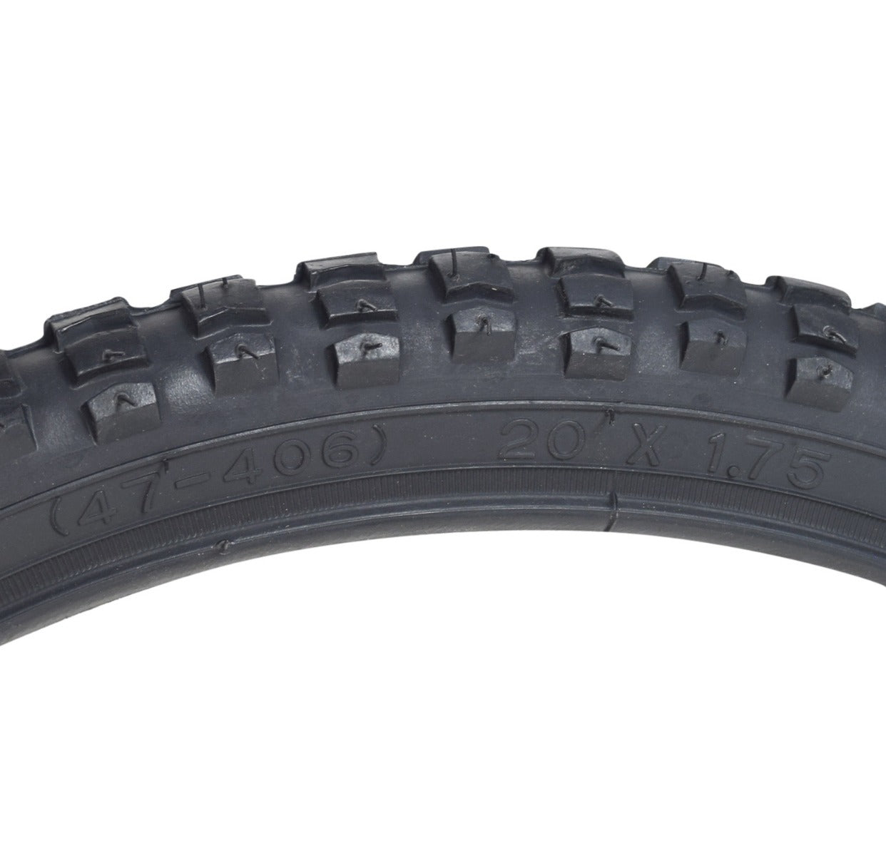 20x1.75 Black MX Bicycle Tire with K44 Tread, showcasing a robust black rubber tire with detailed tread pattern, ideal for BMX-style bikes.