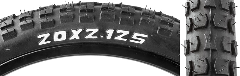 Close-up of a 20x2.125 Black MX Billboard Bicycle Tire from Sunlite, showcasing its tread pattern and sidewall texture.