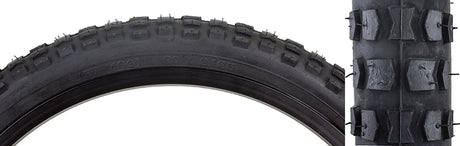 Close-up of a 20x2.125 Black MX Bicycle Tire with distinct treads, designed for replacement on bikes. This Sunlite tire is shown in detail, highlighting its sturdy construction.