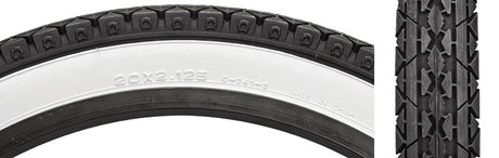 Close-up of the 20x2.125 Black/White Cruiser CST241 Bicycle Tire by Sunlite, highlighting the detailed tread pattern and robust construction, ideal for replacing old bike tires.