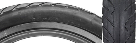 Close-up of a 20x4-1/4 Black XL Cruiser Bicycle Tire from Sunlite, showcasing detailed tread patterns and sturdy synthetic rubber composition.