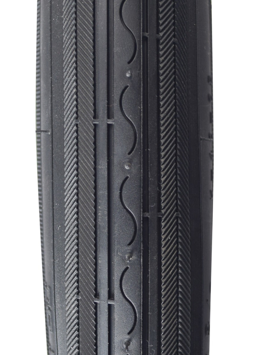 Close-up of a 24x1-3/8 Black Road Bicycle Tire by Sunlite, showcasing its textured tread and robust synthetic rubber construction, ideal for replacing old bike tires on various rim sizes.