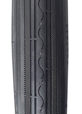 Close-up of a 24x1-3/8 Black Road Bicycle Tire by Sunlite, showcasing its textured tread and robust synthetic rubber construction, ideal for replacing old bike tires on various rim sizes.