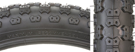 Close-up of a 20x2.125 Black MX3 Bicycle Tire from Sunlite, showcasing its tread and sidewall details. Ideal for replacing old bike tires, ensuring durability and performance.