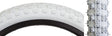 20x2.125 Black/White MX3 Bicycle Tire by Sunlite, featuring white sidewalls with black treads, shown in a close-up view highlighting its texture and design details.