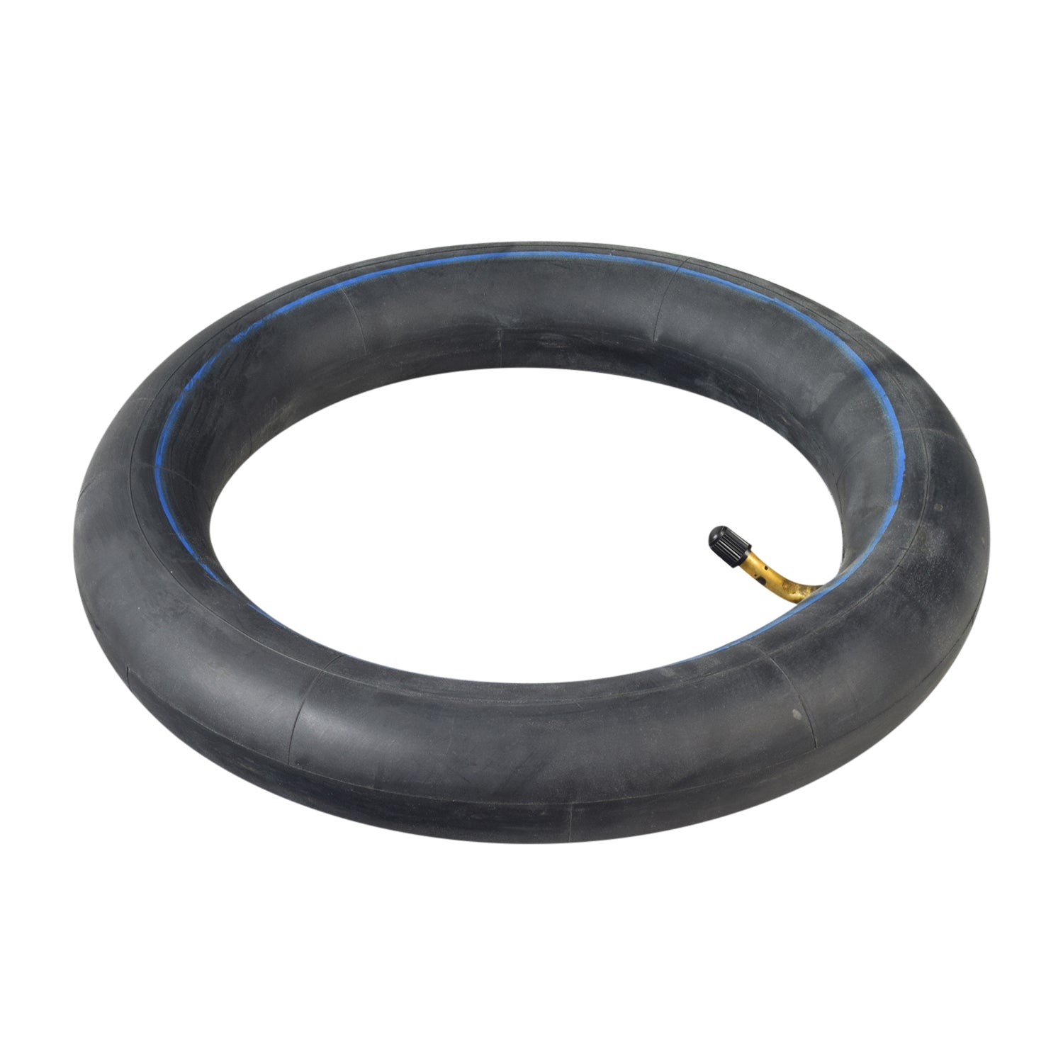 12-1/2x2-1/4 Bicycle Inner Tube with 70 Degree Angled Valve Stem, featuring a durable black rubber tire with a blue line.