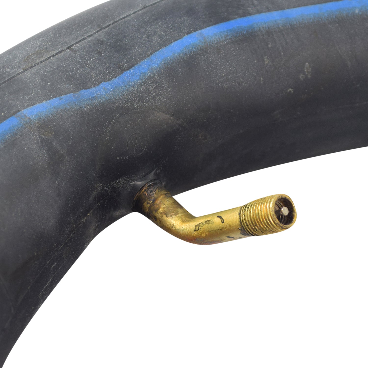 12-1/2x2-1/4 Bicycle Inner Tube with 70 Degree Angled Valve Stem, showing a black rubber tube with a brass valve stem. Ideal for replacing worn-out bike inner tubes.