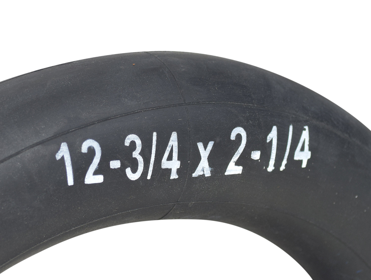 12-1/2x2-1/4 Bicycle Inner Tube with 70 Degree Angled Valve Stem, featuring white text on a black tire surface, ideal for replacing old bike inner tubes.